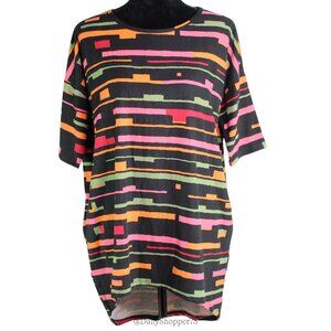 LuLaRoe Women's Irma Black & Colorful Block Stripe 1/2 Sleeve High Low Tunic